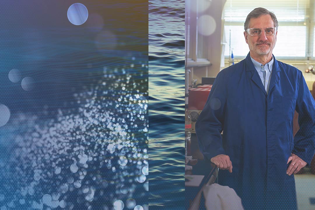 test A collage of three images: a bubble texture, waves, and Bruce Logan standing in his lab wearing a blue lab coat
