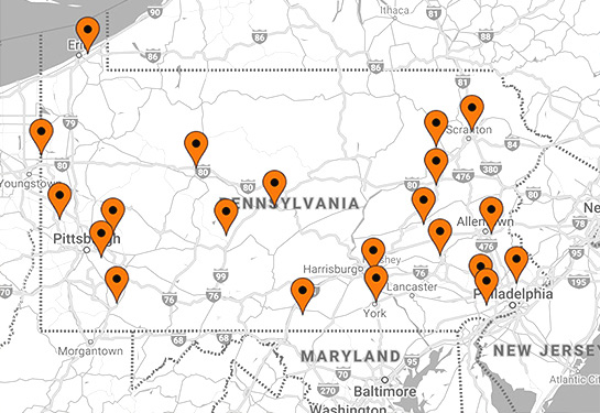 A map of Pennsylvania with Invent Penn State's twenty-one innovation hubs highlighted