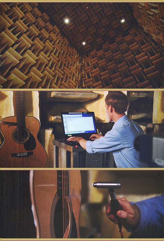 Micah Shepherd in the anechoic chamber demonstrating the testing used to determine the vibro-acoustic fingerprint for a Martin Guitar.