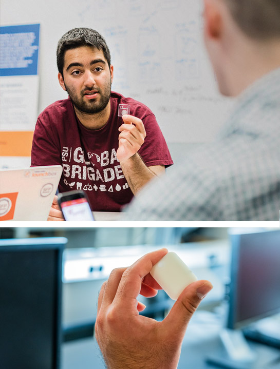 A split image: In the top photo, Shevy Karbasi holds up the HemoGo proprietary test strip. In the bottom photo, Shevy Karbasi holds up the phone camera attachment.