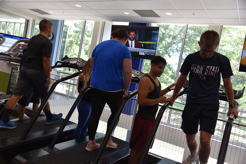 Altoona kinesiology students use the treadmills in the Reliance Bank Fitness Loft of the Adler Athletic Complex as part of an exercise course.