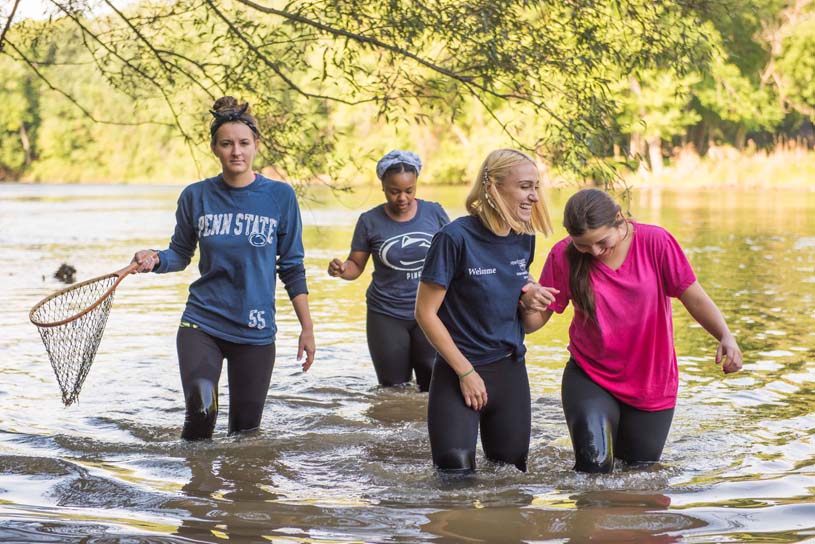 Four female students wading in a creek to conduct research