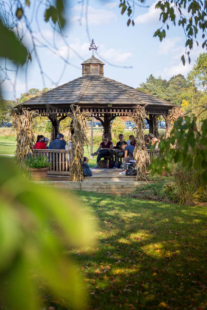 A class being held outside in a gazebo on the Brandywine campus.