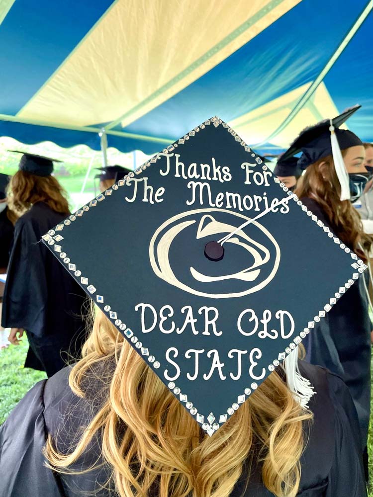 A Mont Alto graduate’s mortarboard that reads “Thanks for the memories, Dear Old State.”
