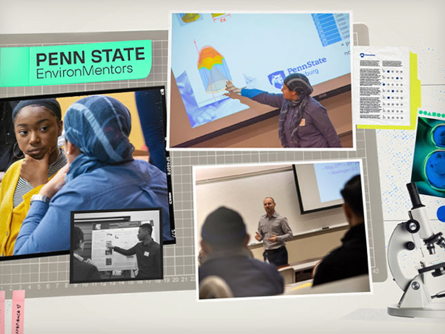 A graphic featuring students and the title Penn State EnvironMentors and images of research equipment