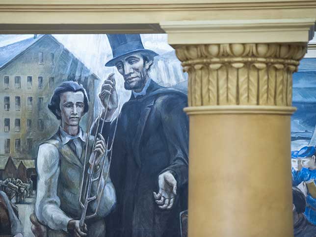 The Land Grant Frescoes inside of Penn State's Old Main building depicts Abraham Lincoln