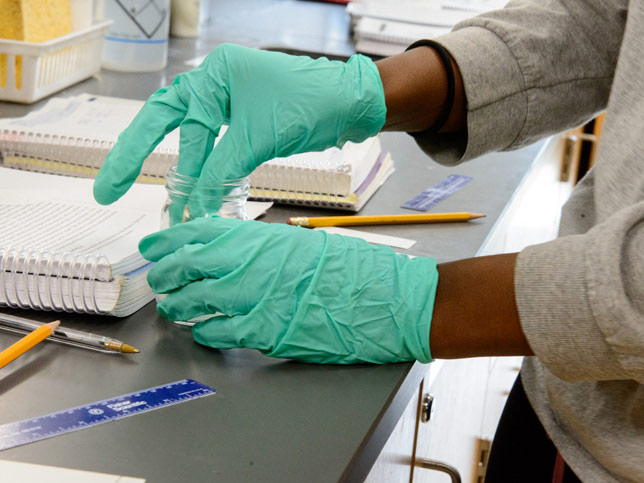 close-up of green protective gloves being worn in a lab setting.