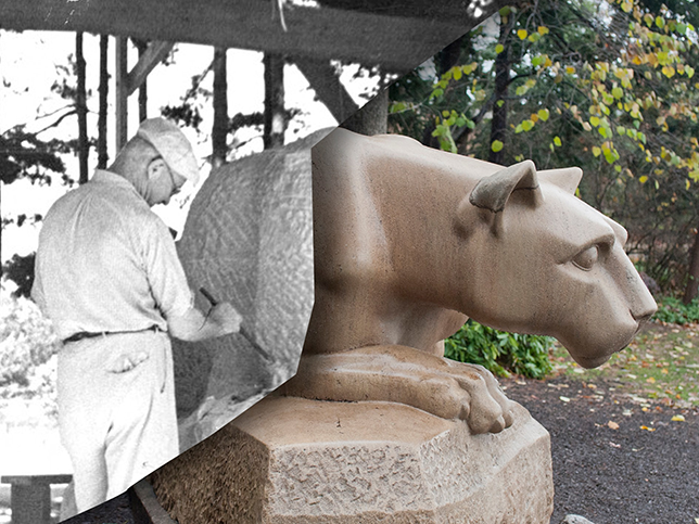 A photo that is split down the middle. On the left, you can see a black and white photo of Joseph Garratti roughing out the shape of the Lion Shrine. On the right, you see a color photo of the Lion Shrine at University Park.