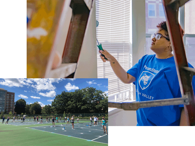 A collage of two photos: on the left, students in masks join together for an outdoor yoga session. On the right, a Penn State Lehigh Valley student paints a wall for a community service project.