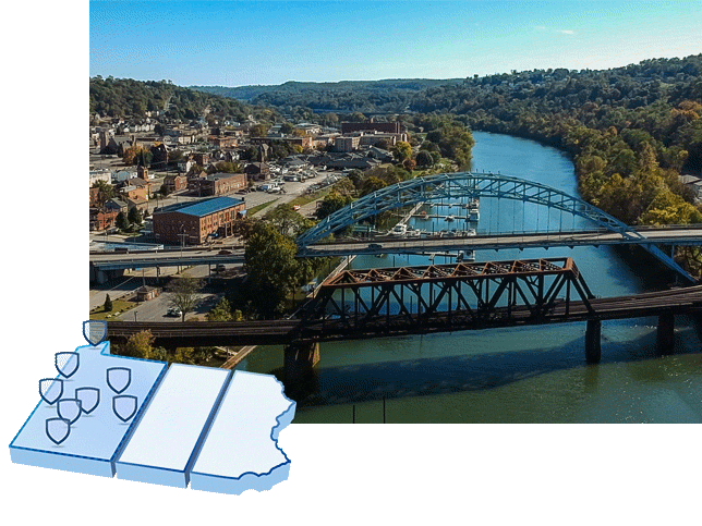 A collage of a map of Pennsylvania and an aerial shot of McKeesport, PA