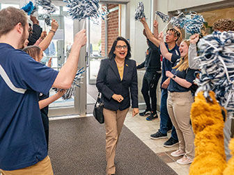 Penn State President-elect Neeli Bendapudi is welcomed by the campus community upon her arrival at Penn State Lehigh Valley on Monday, April 18, as part of her ongoing campus listening tour.